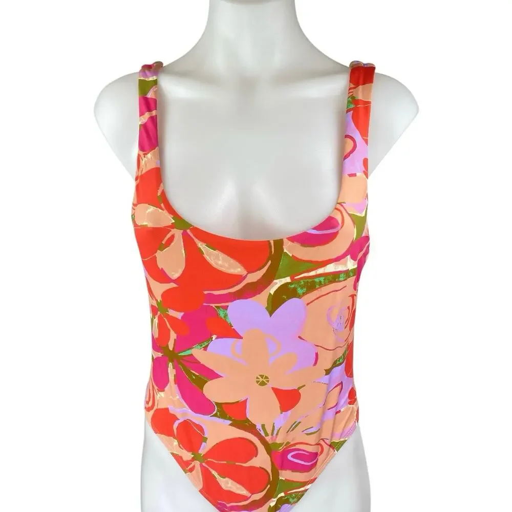 NEW Urban Outfitters Floral Multicolor Open Back One Piece Swimsuit Swimwear L